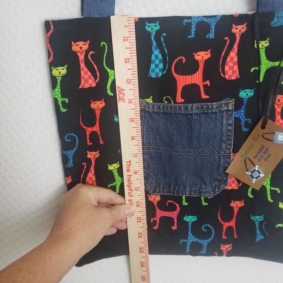 Tammy D's Recycled Blue Jean Denim Rainbow‎ Cat Tote Bag - Picture 5 of 9